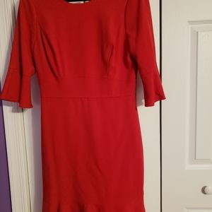 WHBM Bell Sleeve Ruffle Hem V Back Scarlet Red Sheath Dress Size 8
